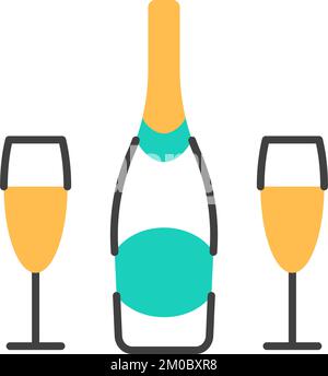 Champagnerflasche und zwei Gläser – flaches Symbol. Stock Vektor