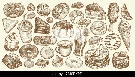 Handgezeichnete Sammlung süßer Desserts. Essensskizze für Café- oder Restaurantmenüs. Vektordarstellung im Vintage-Stil Stock Vektor