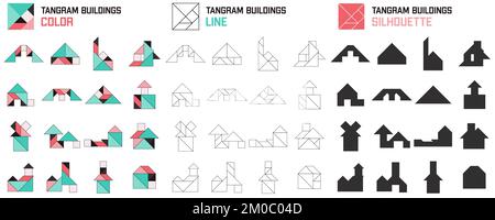 Tangram Puzzle für Kinder. Satz von Tangram-Gebäuden. Stock Vektor