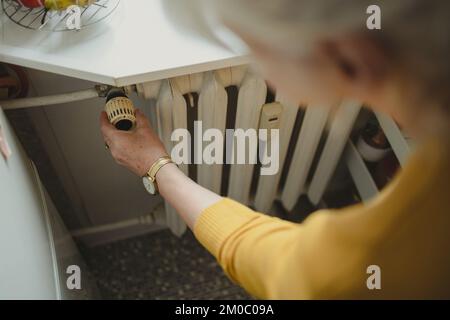 Frau, die die Temperatur eines Heizkörpers zu Hause reguliert Stockfoto