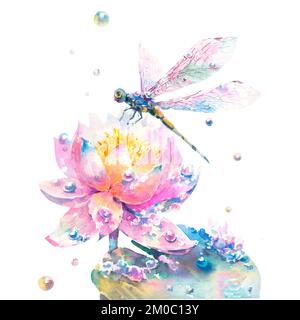 Rosa Seerosenblüte mit Blättern, Libelle und Tautropfen, Aquarell-Illustration isoliert auf weißem Hintergrund. Stockfoto