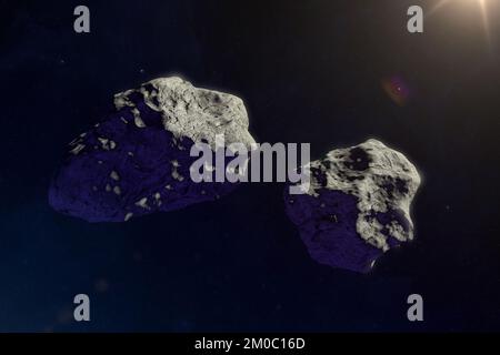 Asteroiden oder Meteoriten fliegen im Weltraum, vor dem Hintergrund von Nebeln und Sternen. Science-Fiction-Kunst. Von der NASA bereitgestellte Elemente. Stockfoto