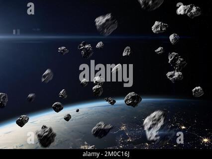Asteroiden in der Nähe der Erde. Meteoriten umkreisen den Planeten. Science-Fiction-Kunst. Elemente dieses Bildes, bereitgestellt von der NASA. Stockfoto