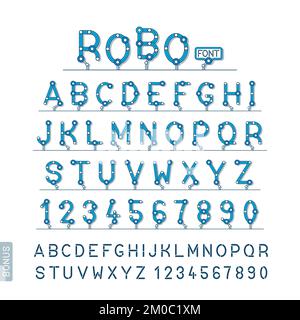 Vollständiger Satz technischer Roboter-Vektornummern und Großbuchstaben zeigen Buchstaben in blauem Design isoliert auf Weiß an. Einfaches Bonusalphabet enthalten. Stock Vektor