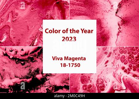 Eine Collage mit der modischen Farbe von 2023 – Viva Magenta. Trendfarbe 2023. Stockfoto