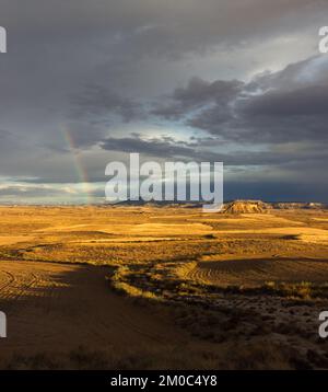 Vertikales Panorama einer Wüste mit einem Sturm, der sich nähert, ein Regenbogen ist im Himmel zu sehen, kurz bevor es zu regnen beginnt Stockfoto