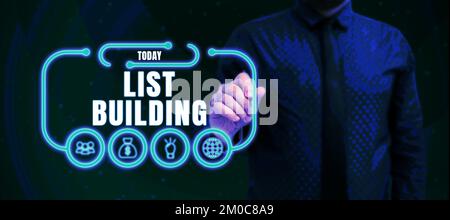 Textbeschriftung zur Erstellung der Liste. Unternehmensübersichtsdatenbank mit Personen, die Sie mit Ihrer Marketingbotschaft kontaktieren können Stockfoto
