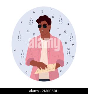Welttag Der Blindenschrift. Ein junger, schwarz lächelnder, blinder Mann mit Brille liest etwas in Blindenschrift. Welttag Der Blindenschrift. Flache Vektordarstellung Stock Vektor