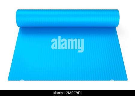 Blaue Yogamatte oder leichtes Camping-Bett-Rollpad aus Schaumstoff auf weißem Hintergrund isoliert. 3d-Rendering von Sportgeräten für Fitness, Yoga und aktives Arbeiten Stockfoto