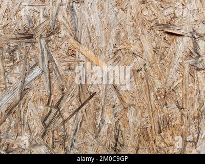 Spanplatte aus Holz, nasse Oberfläche. Hintergrund und Struktur der OSB- oder MDF-Platte. Nahaufnahme. Stockfoto