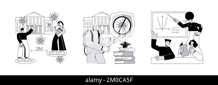 Zurück zur Schule Coronavirus Richtlinien abstraktes Konzept Vektor Illustration Set. Wiedereröffnung der Schule und sanitäre Einrichtungen, Gesichtsmaske für Schüler, Desinfektion, sichere Klassenzimmer Umgebung abstrakte Metapher. Stock Vektor