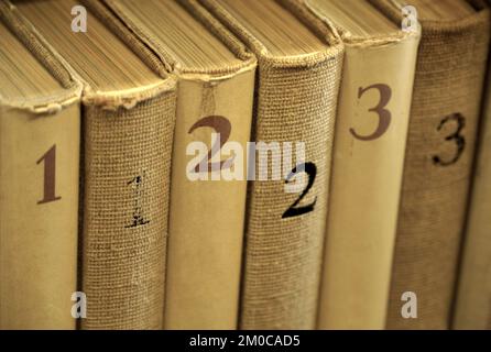 Alte, abgenutzte Bücher in der Bibliothek in drei Bänden auf einem Bücherregal in Sepia-Farbe Stockfoto