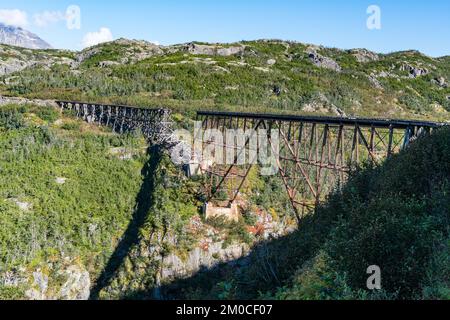 Alte verlassene und eingestürzte Eisenbahnbrücke entlang des White Pass in Alaska bei Skagway Stockfoto