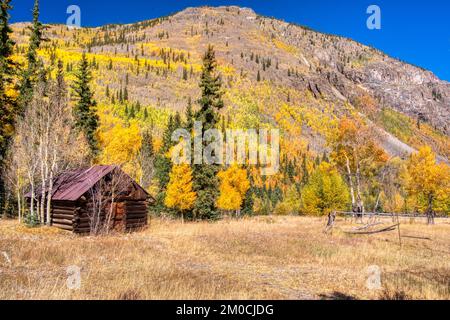 Alten, verlassenen Hütte in Capitol City, Colorado entlang des Lake Loop Trail in den San Juan Mountains Stockfoto