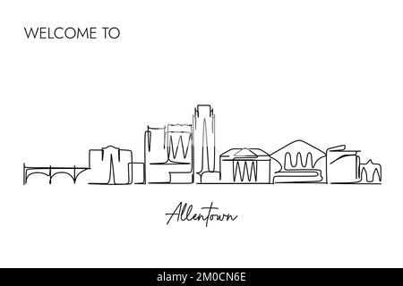 Durchgehende, einzeilige Zeichnung der Skyline von Allentown in den USA. Einfaches handgezeichnetes Design für Tourismus und Unternehmen Copyright Illustratio Stock Vektor