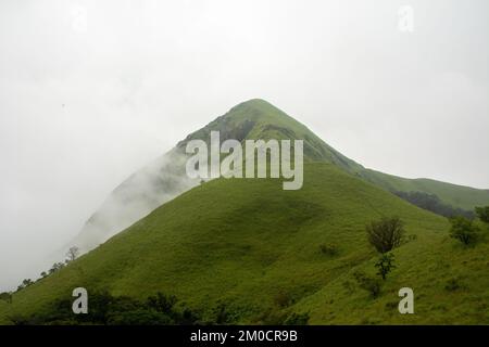 Der wunderschöne Berg Kumara Parvatha, bedeckt von üppigem Grün und dichtem Nebel in Indien Stockfoto