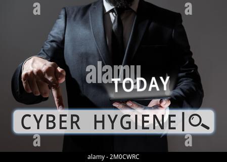 Inspiration mit dem Schild Cyber Hygiene. Konzept bedeutet Schritte, die Computerbenutzer Unternehmen, um ihre Cyber-Sicherheit zu verbessern Stockfoto