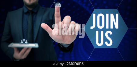 Inspiration zeigt das Schild Fügen Sie uns bei. Business Showcase Registrieren Sie sich im Community-Team oder im Blog Registrieren Sie sich bei den sozialen Medien Stockfoto