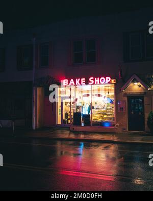 Tulip Bake Shop Vintage Neon Schild at Night, Floral Park, New York Stockfoto