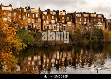 Teil der großen Hampstead Heath, nahe dem südlichen Ende grün. Eine Herbstszene mit markanten Häusern mit Blick auf den Teich in winterlichen, aber warmen Farben Stockfoto