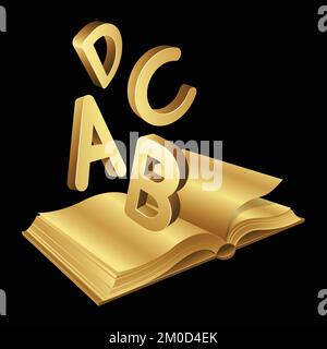 Goldenes offenes Buch mit Buchstaben A B C D auf schwarzem Hintergrund Stock Vektor