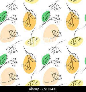 Endloses Muster aus Konturzweigen mit Punkten in hellen Markertönen. Abstrakte Hintergrundtextur. Isolieren. Geeignet für Banner, Hintergrundbilder, Web, Poster oder Karten, Grußkarten, Einladung, Label. Vektor. EPS Stock Vektor