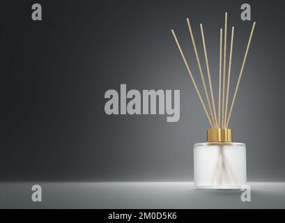 Aroma-Diffusor-Milchglasflasche mit goldfarbenem Verschluss und Holzstäben, 3D ml Render Stockfoto