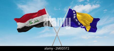 Zwei gekreuzte Flaggen Bosnien und Herzegowina und Irak winken im Wind am bewölkten Himmel. Beziehungskonzept, Dialog, Reisen zwischen zwei Ländern. 3D Stockfoto
