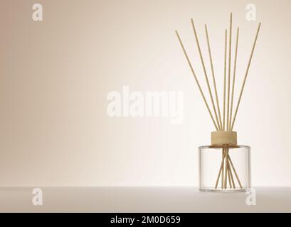 Aroma-Diffusor, klare Glasflasche mit Holzkappe und Stäben, 3D ml Rendering Stockfoto