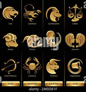 Golden Zodiac Star-Zeichen auf schwarzem Hintergrund Stock Vektor