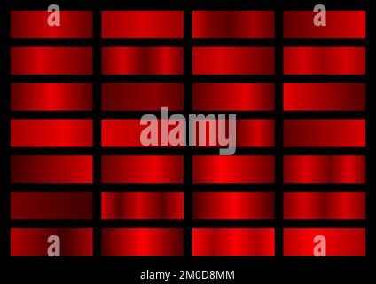 Vektorsatz mit roten metallischen Gradienten. Farbfelder-Sammlung. Glänzender Verlauf auf schwarzem Hintergrund. Metallstruktur Stock Vektor