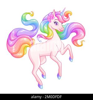 Wunderschönes rosa Einhorn mit Regenbogenmähne und Schwanz. Vektordarstellung. Stock Vektor