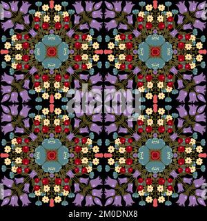 Farbenfrohes, nahtloses Kaleidoskop mit Blumenmuster. Handgezeichnete, stilisierte, strukturierte Blumen auf schwarzem Hintergrund. Orientalisches Mandala-Muster Stockfoto