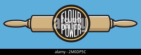 Flour Power Bakery – Logo oder Abzeichen zur Vektordarstellung. Kreisförmiges Backmarkensymbol mit Rollnadel.