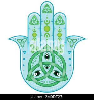 Hamsa-Symbol-Vektordesign mit keltischem Triquette und Triskelion, Hand-of-fatima-Symbol, Illustration von Jamsa mit gottes Auge Stock Vektor