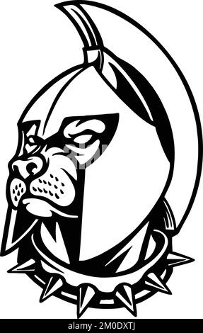 Spartan Bulldog Warrior Mascot Schwarzweiß-Vektorabbildungen für Ihr Arbeitslogo, Merchandise-T-Shirt, Aufkleber und Etikettendesigns, Poster Stock Vektor