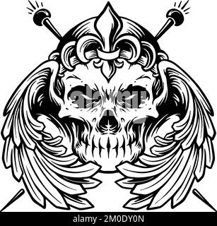 Sugar Skull Muertos mit Wings Logo Gliederung Abbildungen für dein Arbeitslogo, Merchandise-T-Shirt, Aufkleber und Etikettendesigns, Poster Stock Vektor