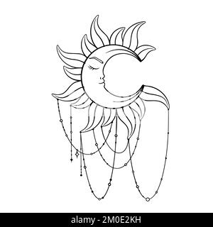 Eine Skizze des Halbmondes. Böhmisches Tarotsymbol des Mondes für Astrologie und Horoskope. Vektordarstellung isoliert auf weißem Hintergrund Stock Vektor