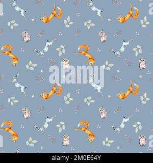 Wilde Tiere, Hasen, Füchse, Eulen und Pflanzen sind ein nahtloses, auf Blau isoliertes Muster. Winterliches Waldmotiv, handgezeichnet. Design für Textilien, wi Stockfoto