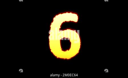 Nummer 6: Farbenfrohes gelbes, brennendes Glitch-Alphabet auf schwarzem, isoliertem Objekt-3D-Rendering Stockfoto