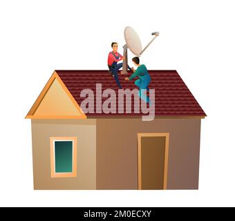 Arbeiter arbeiten auf dem Dach. Zwei Arbeiter installieren eine Satellitenschüssel auf dem Dach. Antenne für Fernseher und Internet. Kleines Haus und zwei Arbeiter. Service Stock Vektor