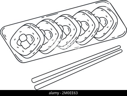 Beliebtes Gericht Koreanische Küche Kimbap Doodle Illustration. Rollen in Seetanglaken mit Belag verpackt. Asiatische Lebensmitteltinte Skizzenvektor Stock Vektor