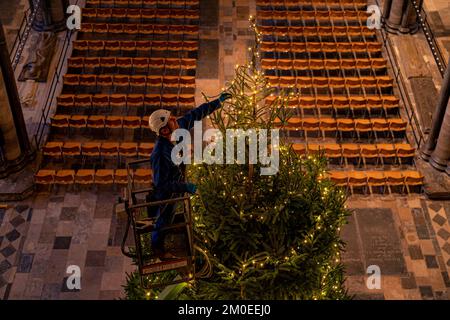 Richard Pike, der kirchliche Schreiner der Kathedrale von Salisbury, dekoriert die 32ft im Longleat Forest verbaute norwegische Fichte Weihnachten, da sie im Inneren des Kirchennetzes der Kathedrale installiert ist. Foto: Montag, 5. Dezember 2022. Stockfoto