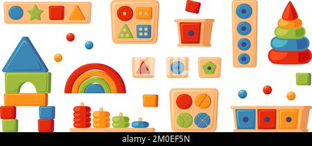 Montessori Bildung Logik Spielzeug. Kinder Holzspielzeug für Kinder im Vorschulalter. Montessori-System für die frühkindliche Entwicklung. Mehrfarbige Sortierer. Eingestellt Stock Vektor