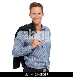 Positiv und entspannt bleiben. Studio-Porträt eines attraktiven jungen Geschäftsmannes, der vor weißem Hintergrund posiert. Stockfoto