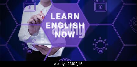 Textunterschrift präsentiert Englisch lernen jetzt. Geschäftskonzept Erwerb oder Erwerb von Kenntnissen und Fertigkeiten der englischen Sprache Stockfoto