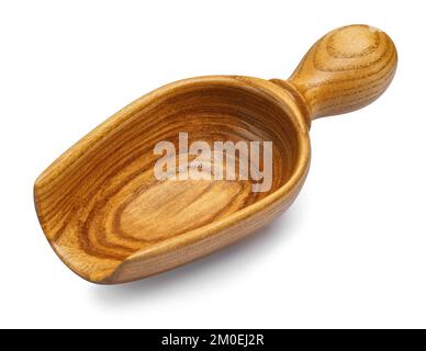 Seitenansicht der leeren Holzschaufel isoliert auf weiß Stockfoto