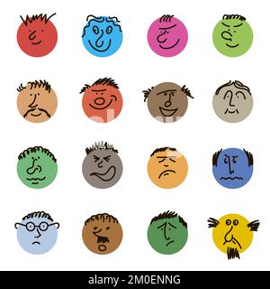 Farbige Doodle-Köpfe. Runde Comic-Gesichter mit verschiedenen Emotionen. Verschiedene bunte Charaktere. Leute im Cartoon-Stil. Flache Kreise Stockfoto