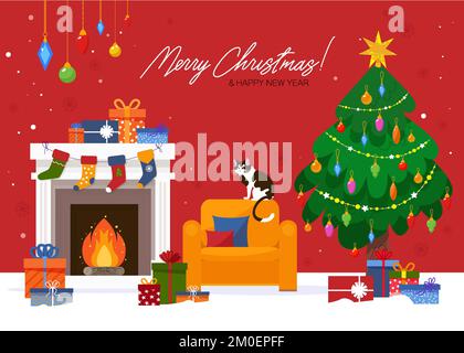 Weihnachtsstrumpf am Kamin und Geschenkschachteln. Weihnachtliche lange Socken für Weihnachtsmanngeschenke. Weihnachts-Kamin-Szenenkonzept in flachem Design. Frohe Stock Vektor