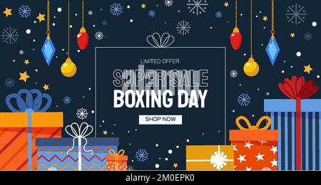 Konzept Für Den Zweiten Weihnachtsfeiertag. Verschiedene Geschenkboxen für Weihnachtsmann-Geschenke. Frohes neues Jahr. Winterferien. Flacher Stil Stock Vektor